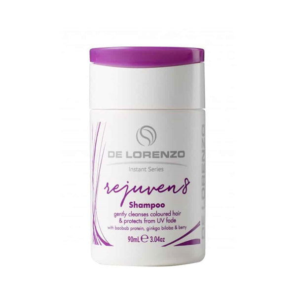 De Lorenzo Rejuven8 shampoo bottle, purple cap, white 90 ml