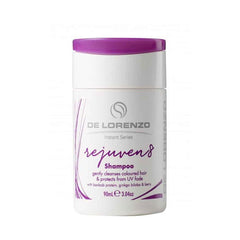 De Lorenzo Rejuven8 shampoo bottle, purple cap, white 90 ml