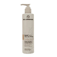 Beige shampoo bottle with white pump, back label text, 250 ml