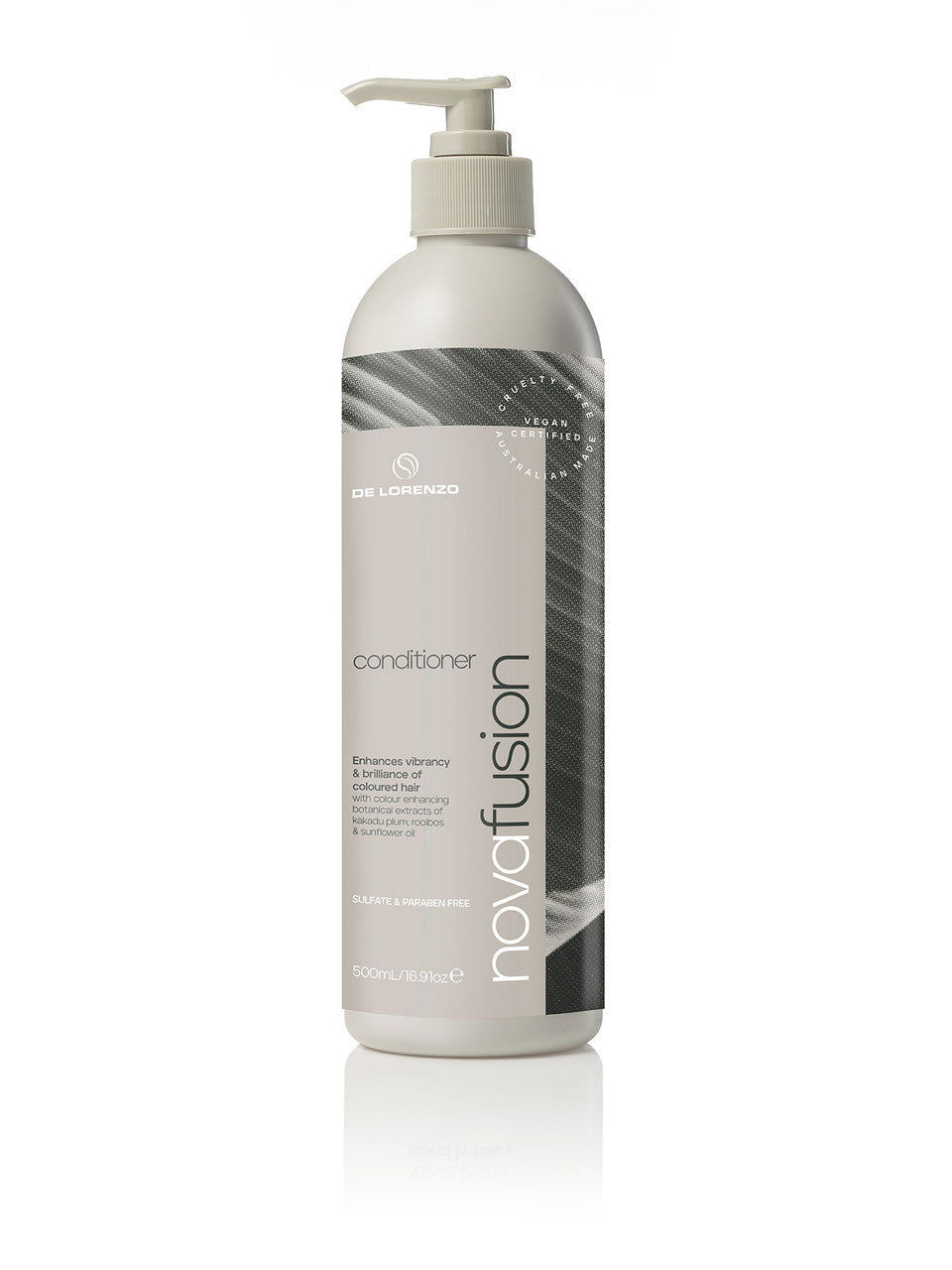De Lorenzo Novafusion conditioner bottle with white pump, 500ml, frosted label
