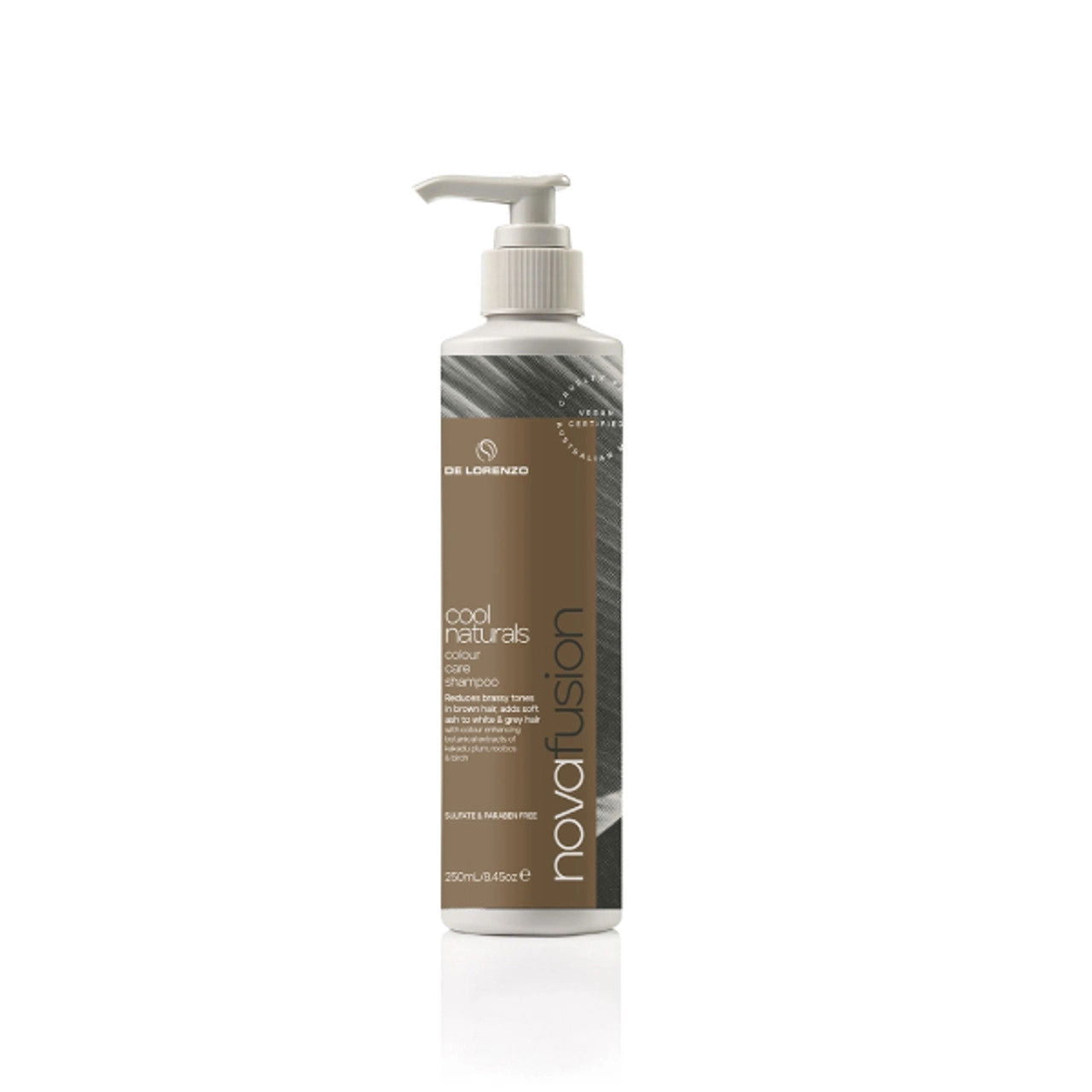 Brown shampoo bottle with white pump dispenser, Novafusion 250ml