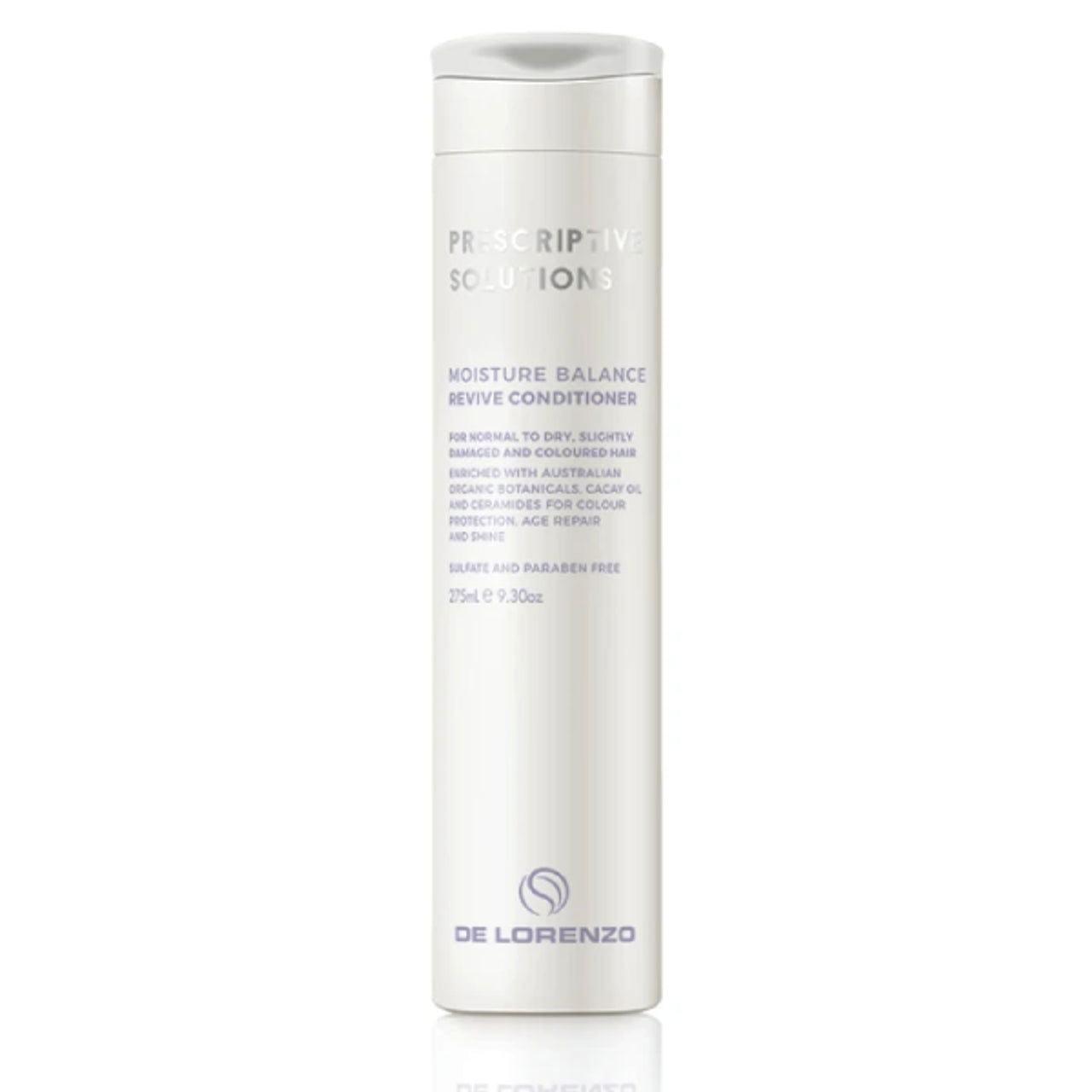 Conditioner bottle, white with white cap, De Lorenzo Moisture Balance Revive label