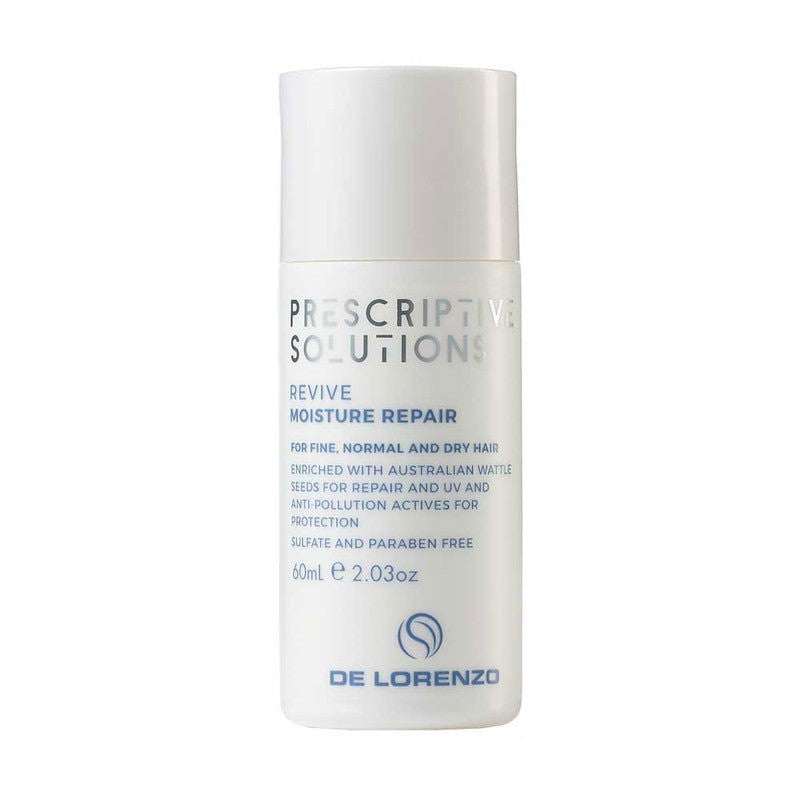 De Lorenzo conditioner bottle, white with printed label and blue 'Revive Moisture Repair'