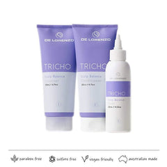 De Lorenzo Tricho Scalp Balance set with two purple tubes and white dropper bottle