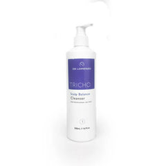 De Lorenzo Tricho Scalp Balance Cleanser bottle, 500 ml, white with purple label and pump