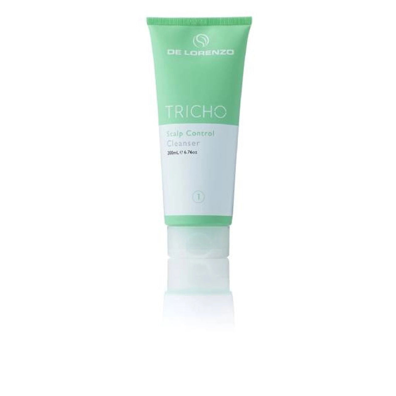 De Lorenzo Tricho scalp control cleanser tube with green cap and light green front, 200ml