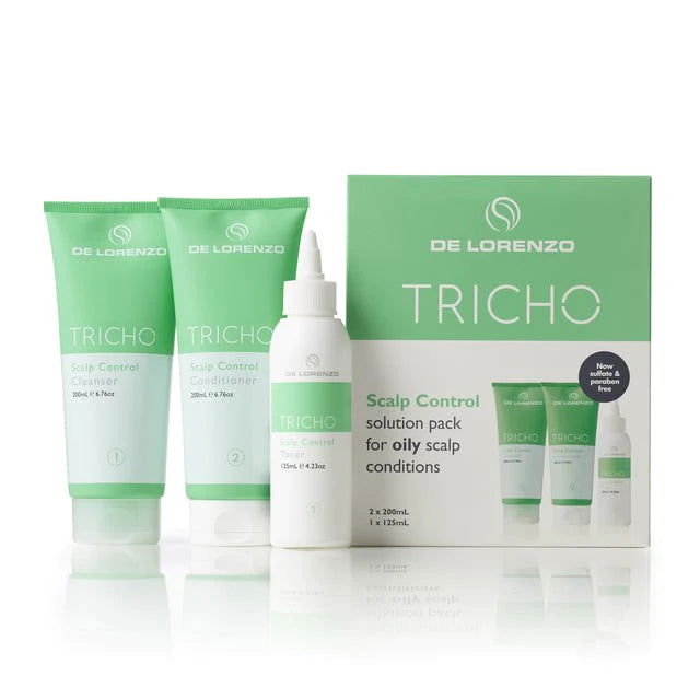 De Lorenzo Tricho Scalp Control pack for oily scalp, green box with tubes and bottle