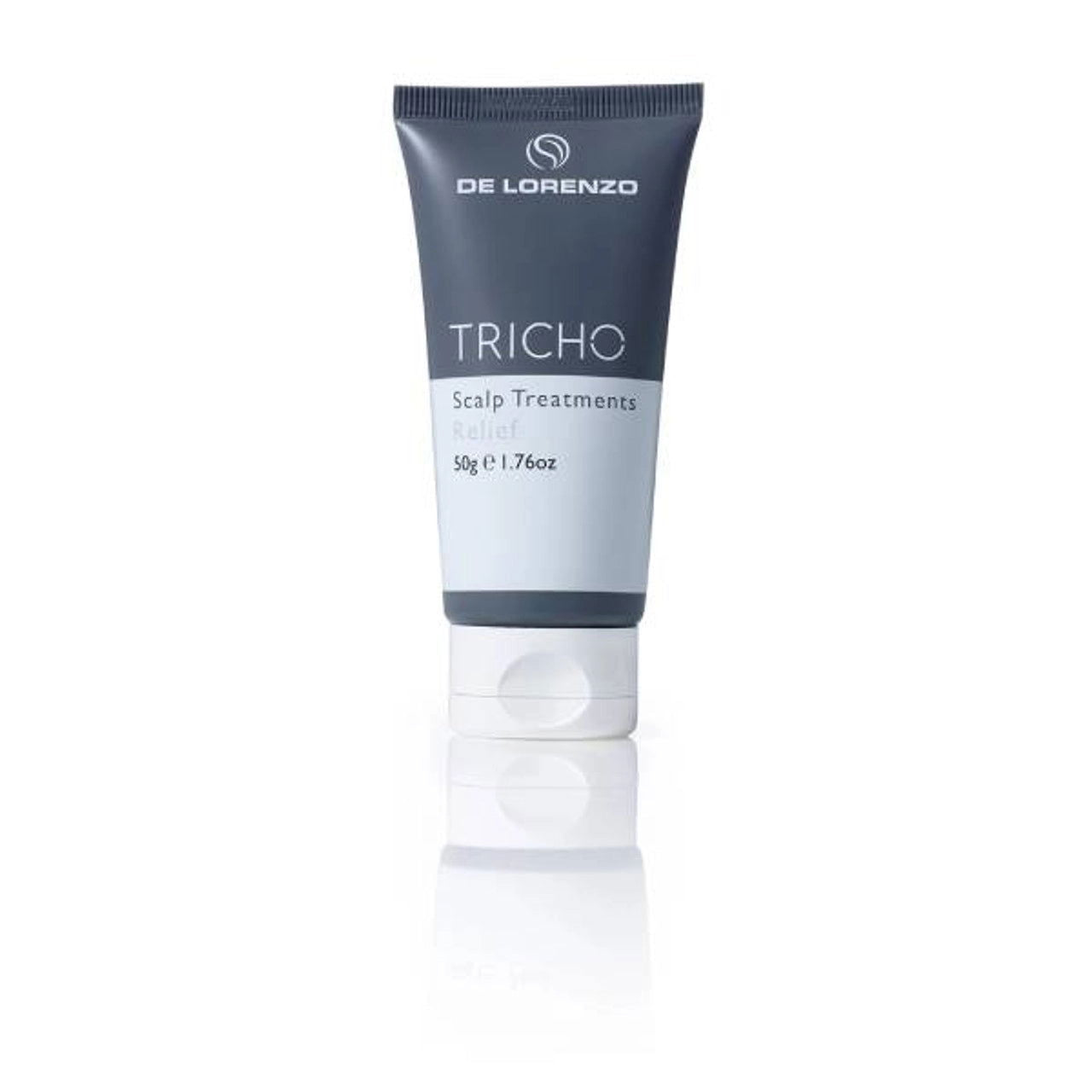 De Lorenzo Tricho relief creme tube, dark gray with white TRICHO Scalp Treatments label