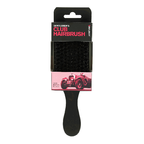 Hair brush with black handle and bristle pad on retail packaging