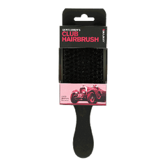 Hair brush with black handle and bristle pad on retail packaging