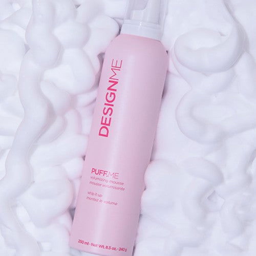 DesignMe PuffME volumizing mousse bottle, light pink, vertical label.