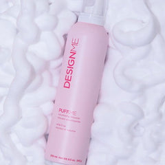 DesignMe PuffME volumizing mousse bottle, light pink, vertical label.