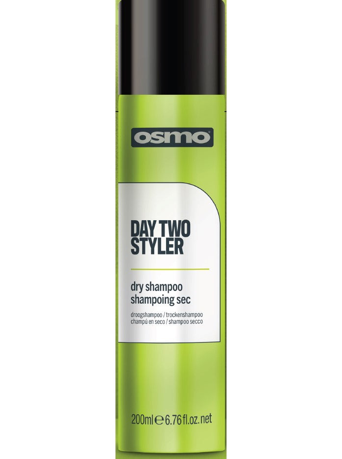 Osmo Day Two Styler dry shampoo bottle, green with printed label and 200ml text