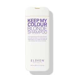 Blonde shampoo bottle, white with blue Keep My Colour Blonde label
