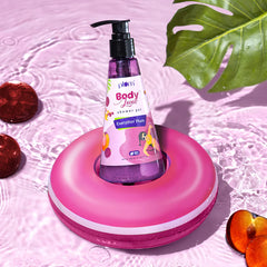 Plum shower gel bottle with black pump, standing over a pink ring tray