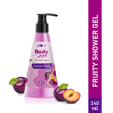 Plum shower gel bottle with black pump, pink-purple Everythin' Plum label
