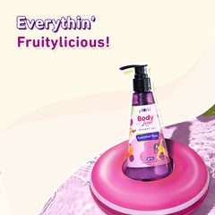 Plum shower gel bottle with black pump and purple-pink label