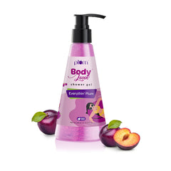 Plum shower gel bottle with black pump and purple-pink Everythin' Plum label