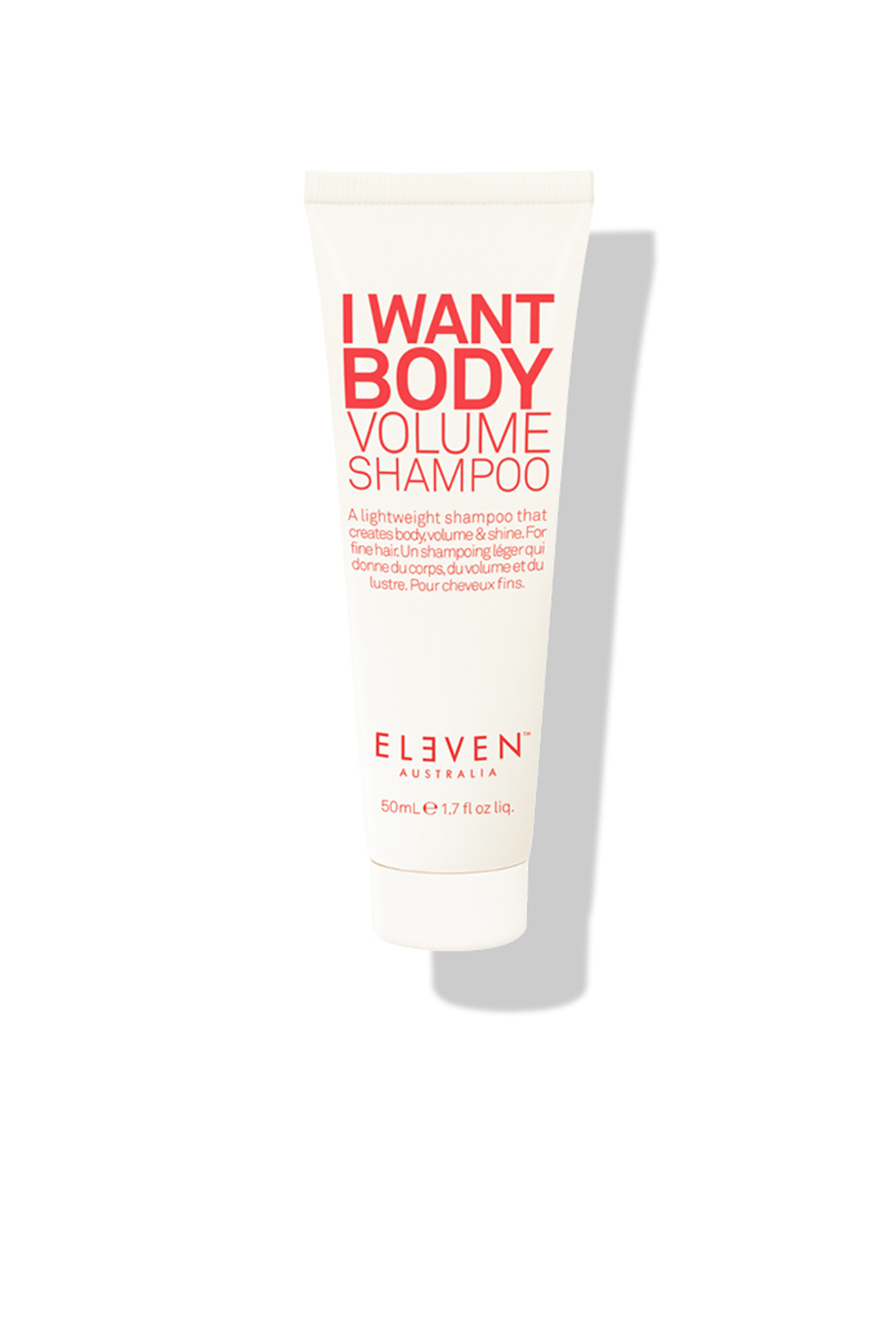 Eleven Australia I Want Body Volume Shampoo tube, white with red lettering, 50ml