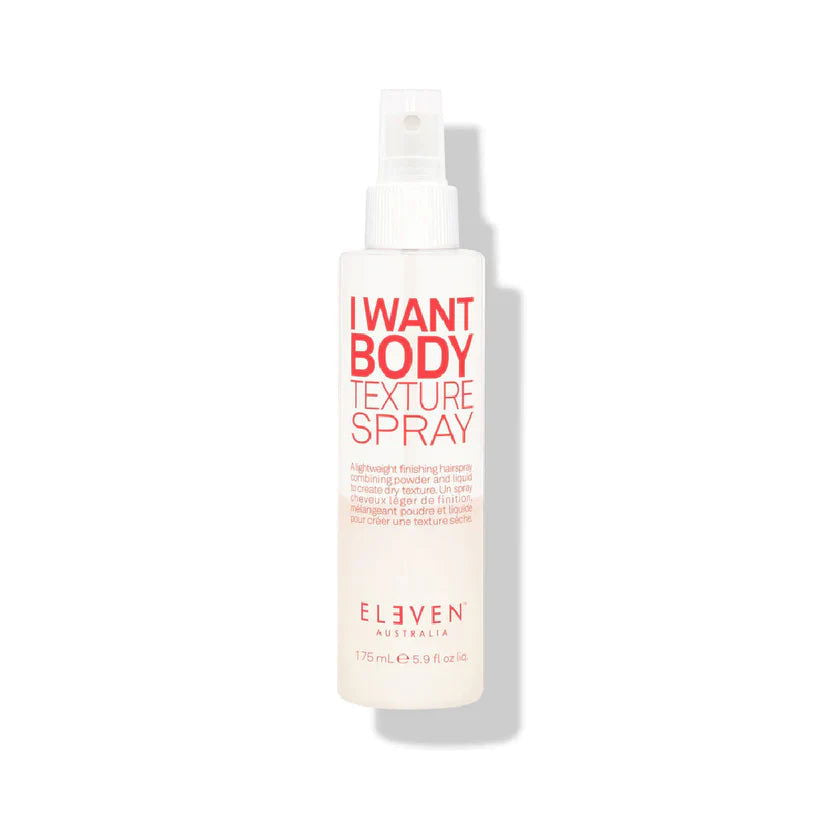 Body texture spray bottle with white mist pump, red and beige label