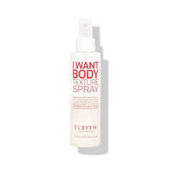 Body texture spray bottle with white mist pump, red and beige label