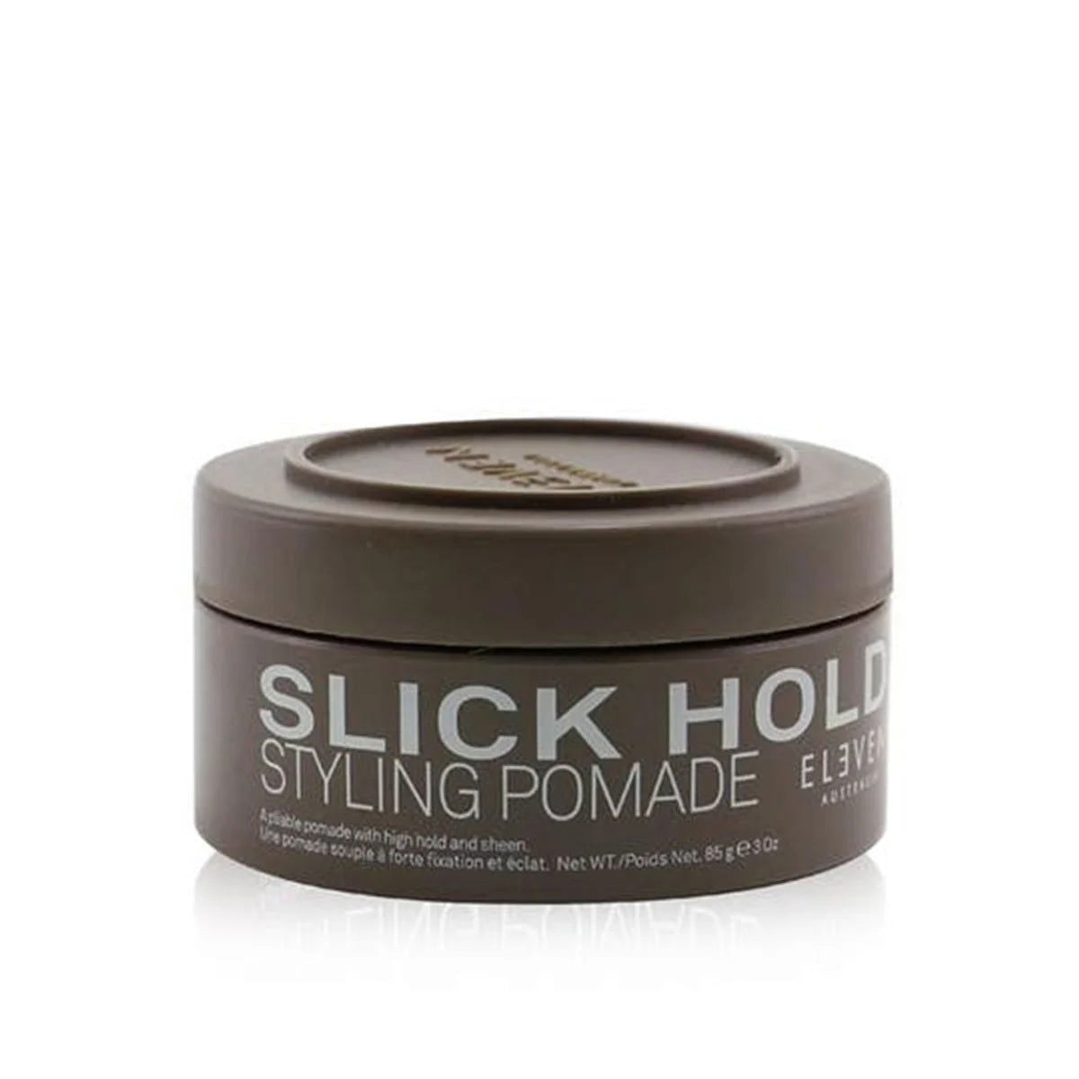 Styling pomade jar with screw-top lid, dark gray container labeled "SLICK HOLD"