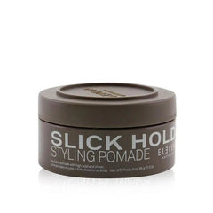 Styling pomade jar with screw-top lid, dark gray container labeled "SLICK HOLD"