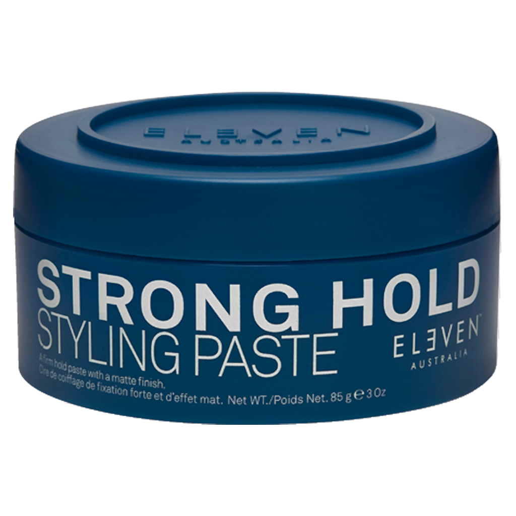Blue styling paste jar with black lid, label reads Strong Hold Styling Paste, 85g.
