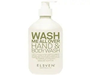 Hand & body wash bottle with beige label reading 'WASH ME ALL OVER'