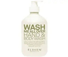 Hand & body wash bottle with beige label reading 'WASH ME ALL OVER'