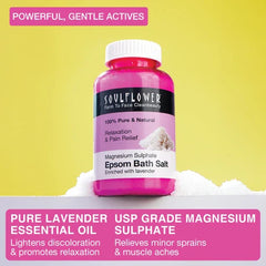 Lavender Epsom bath salt jar with white cap and pink label