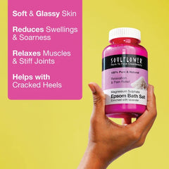 Hand holding lavender Epsom bath salt jar with white cap and pink label