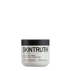 Skintruth mud mask jar front view, white tub with dark gray lid