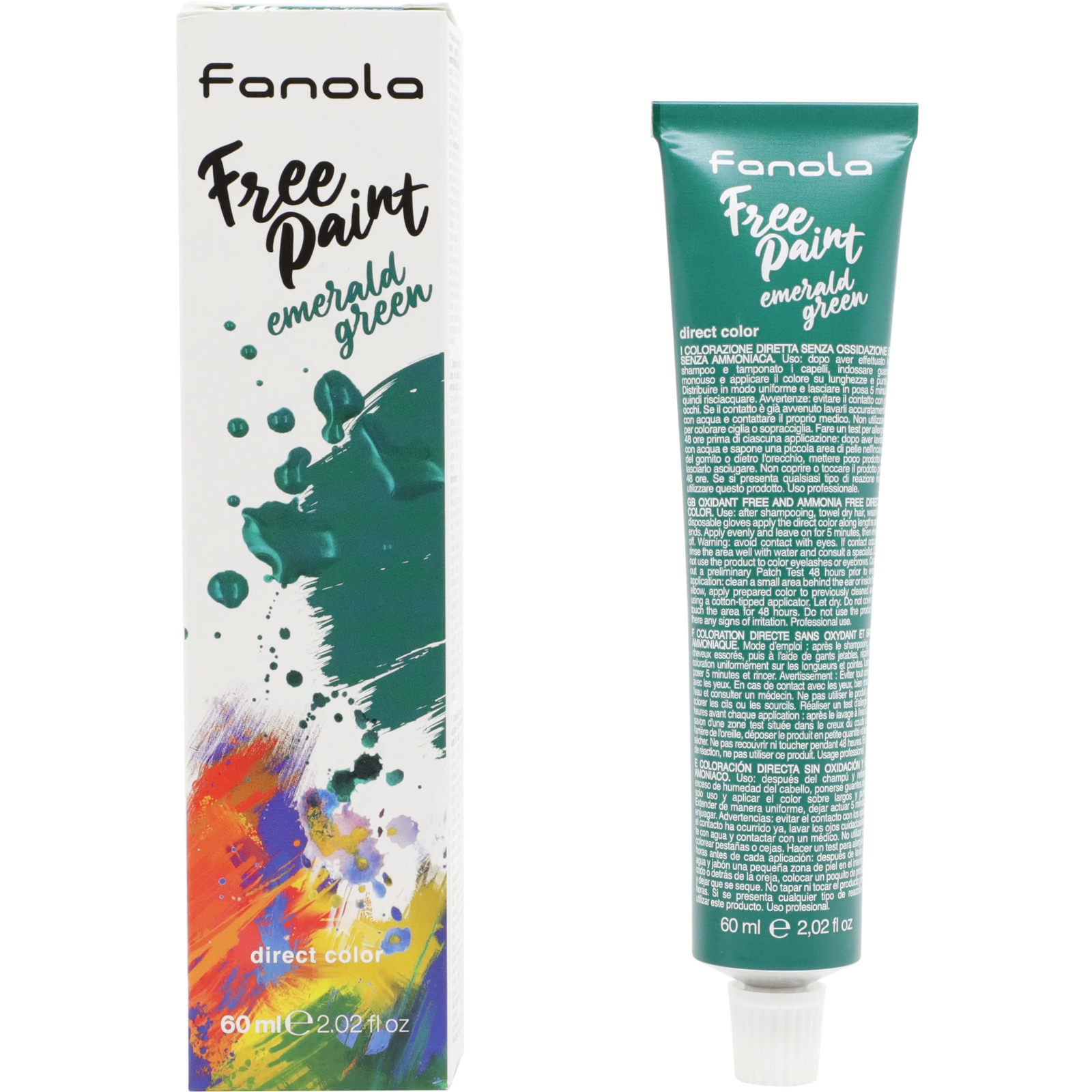 Emerald green hair dye tube and box, Fanola Free Paint Direct Colour, 60 ml