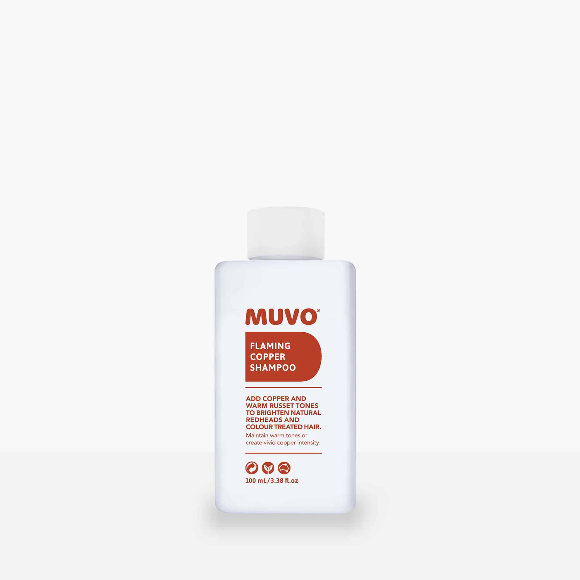 Muvo Flaming Copper shampoo bottle, 100 ml, white bottle with copper label