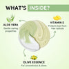 Creamy hair care formula swatch with aloe vera and vitamin E icons