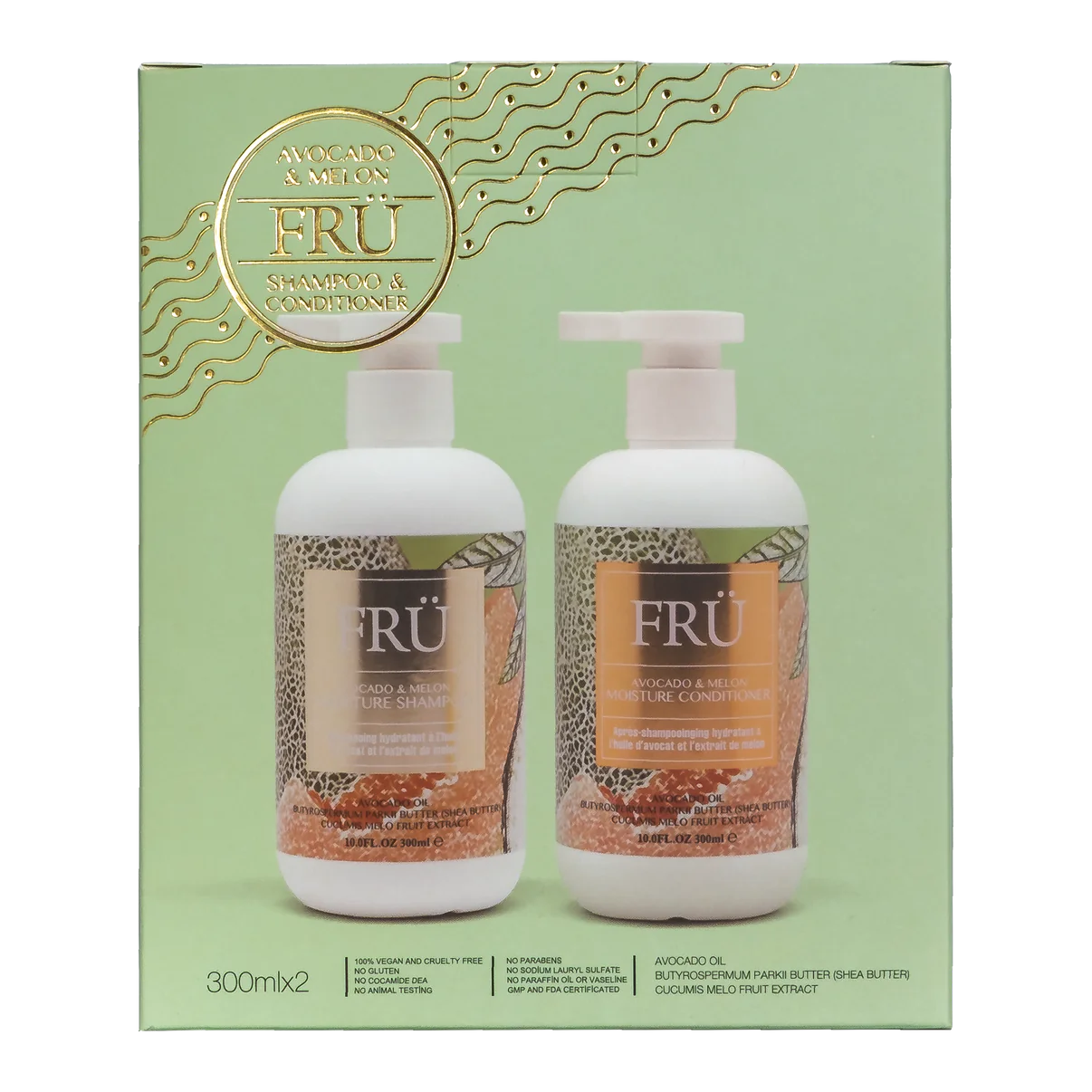 FRÜ avocado and melon duo gift pack with two shampoo and conditioner bottles