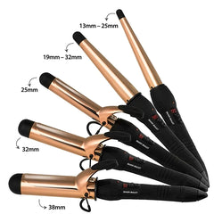 Set of rose gold curling irons with black barrels and handles, various barrel sizes