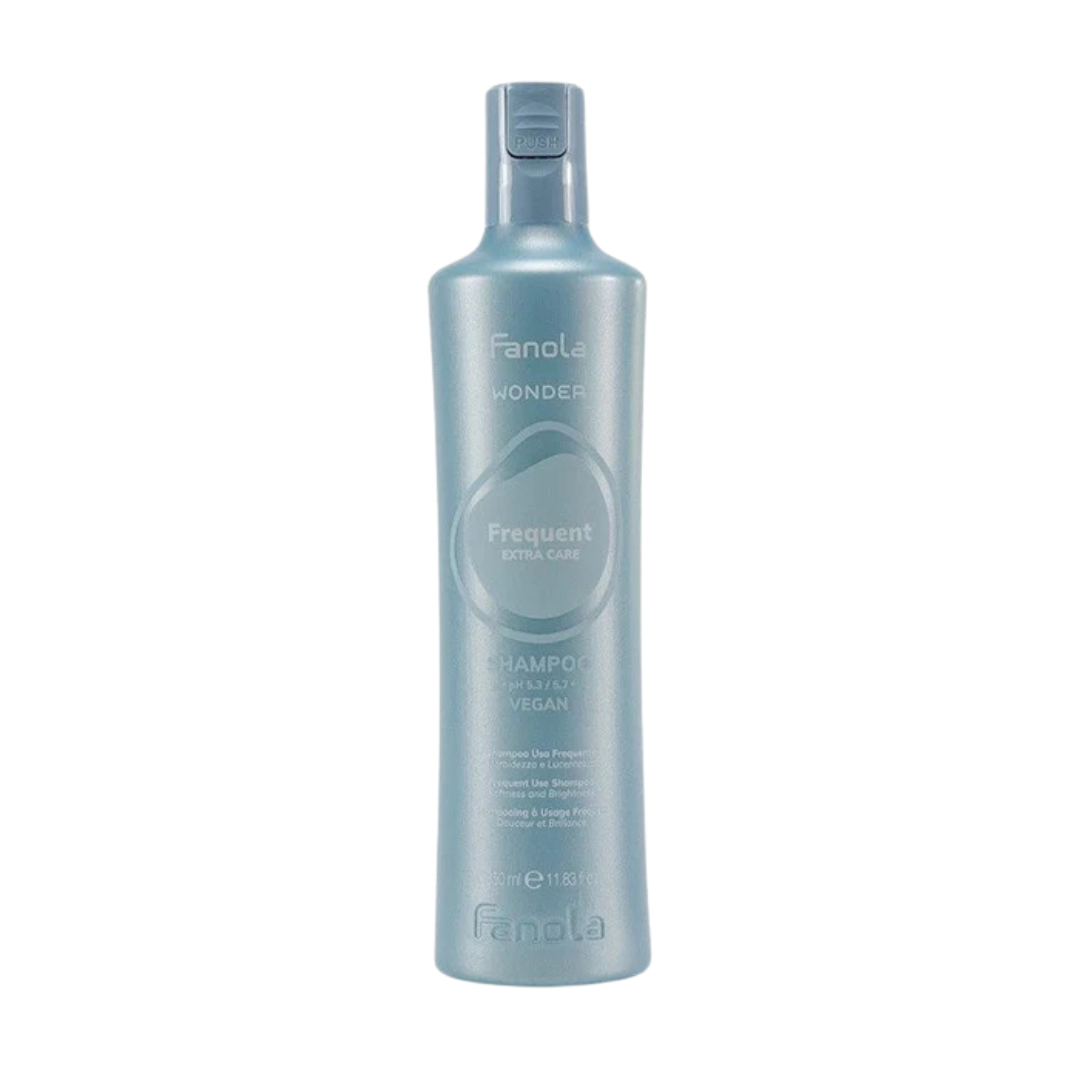Fanola Wonder Frequent shampoo bottle, light blue plastic with pump-style cap