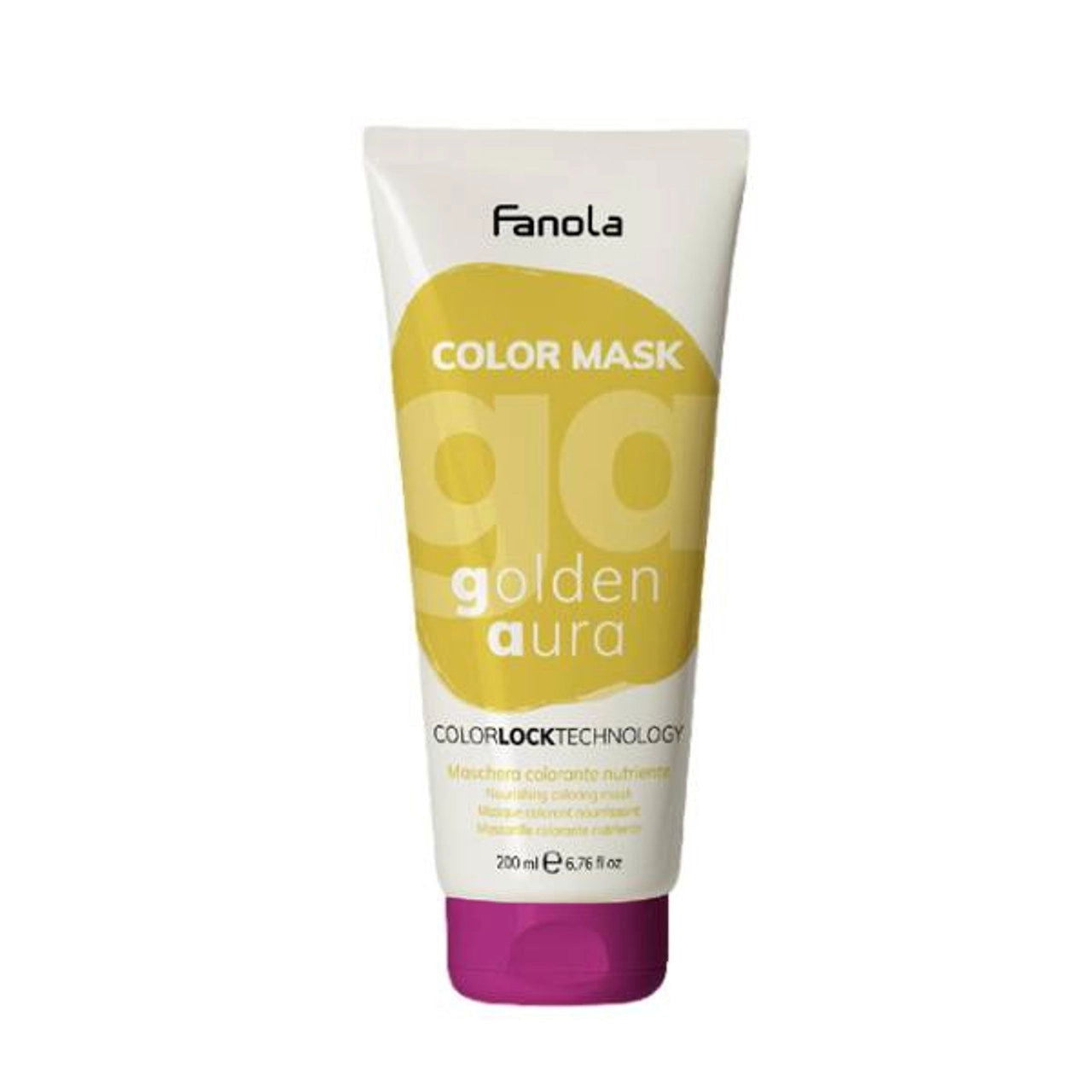 Fanola hair color mask tube, Golden Aura, white with gold print and purple cap