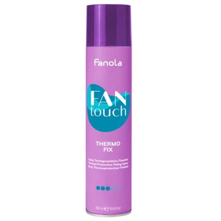 Fanola Fan touch Thermo Fix spray bottle, purple with blue label and purple cap, 300 ml