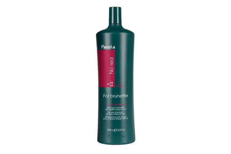 Fanola No Red Shampoo bottle, green with burgundy label and pump-free cap.
