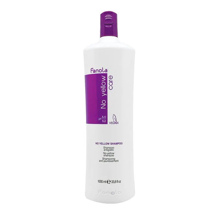 Fanola No Yellow shampoo bottle, 1 litre, white with purple cap and purple label