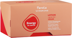 Hair lotion box with Fanola Vitamins Energy label, red and peach front panel