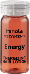 Hair energizing lotion bottle, amber liquid, clear ribbed cap and Fanola Energy label