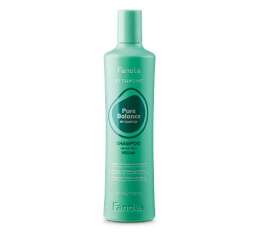 Fanola Pure Balance shampoo bottle, teal plastic with flip-top cap, 350 ml
