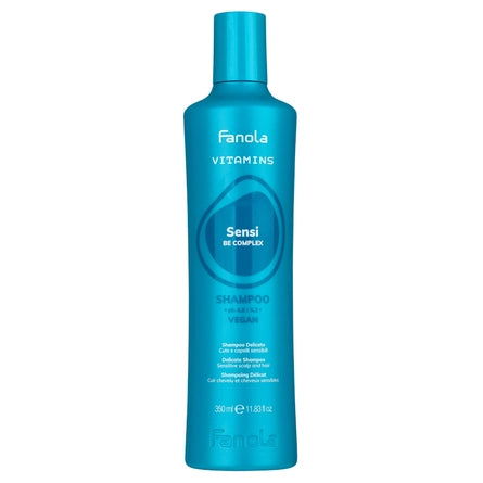 Fanola Vitamins Sensi shampoo bottle, turquoise with blue cap