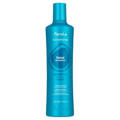 Fanola Vitamins Sensi shampoo bottle, turquoise with blue cap