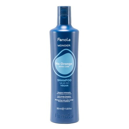 Fanola Wonder No Orange shampoo bottle, blue plastic with pump cap, 350 ml