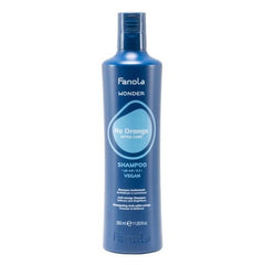 Fanola Wonder No Orange shampoo bottle, blue plastic with pump cap, 350 ml